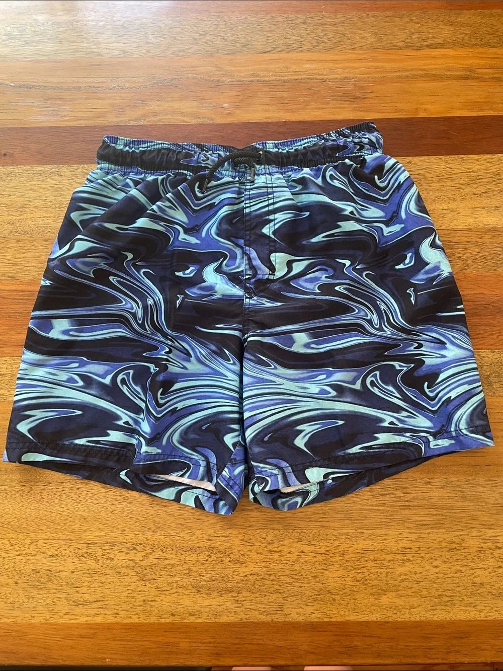 Kids Blue & Black Swirl Swim Trunks